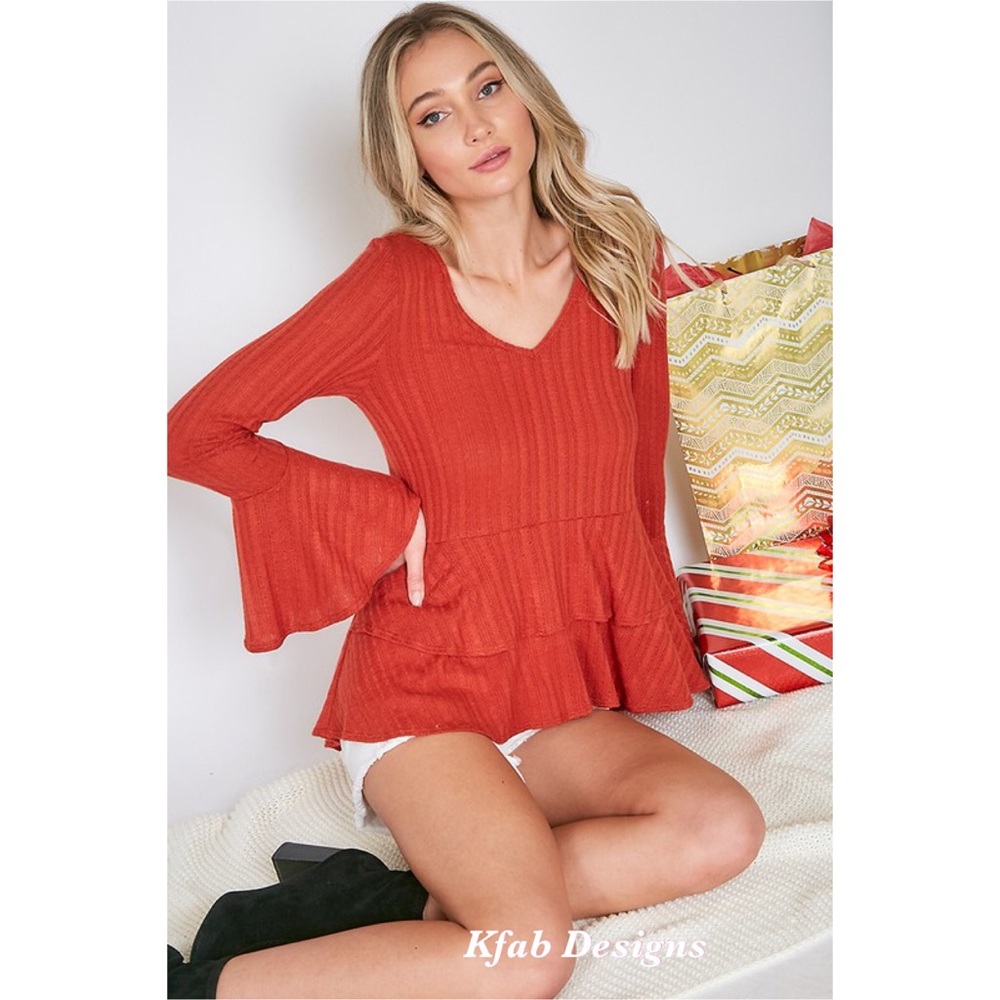 LAST ONE! ! RUST V-NECK TIERED RUFFLE RIB KNIT TOP! - Picture 2 of 9
